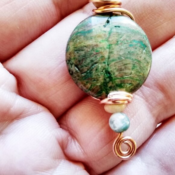 Unique! Handmade Stacked Green Jasper Pendant - Copper Wire Wrap Design + Chain - Picture 6 of 9